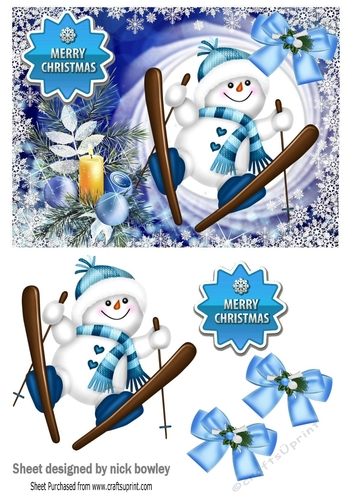 Lovely jolly snowman with baubles and blue bows A5