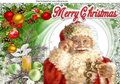 Lovely Santa with red christmas baubles in green snow frame A4