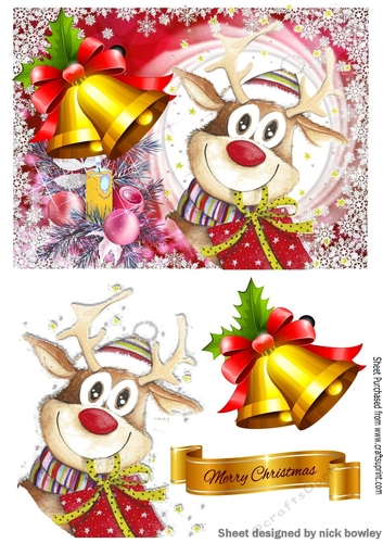 Cute reindeer with gold/red bells A5