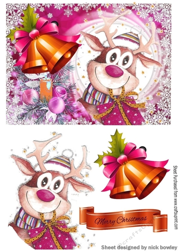 Cute reindeer with gold/pink bells A5