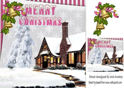 Pretty snowscene with cottage (pink) 8x8