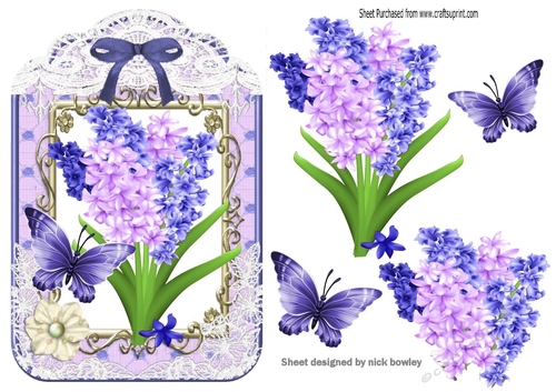 Pretty lilac floral lace topper/tag with butterflies
