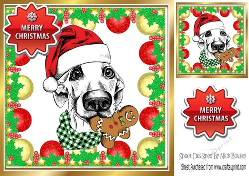 Lovely Dog in santa hat in bauble frame 8x8 (two)