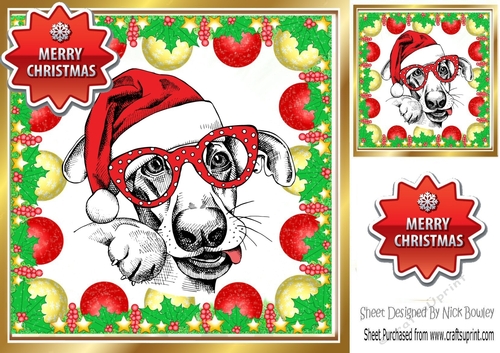 Lovely Dog in santa hat in bauble frame 8x8 (four)