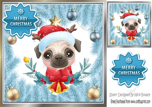 Cute pug in blue festive frame with baubles 8x8 (one)