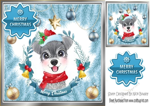 Cute dog in blue festive frame with baubles 8x8 (two)