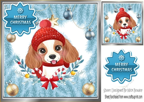 Cute dog in blue festive frame with baubles 8x8 (three)