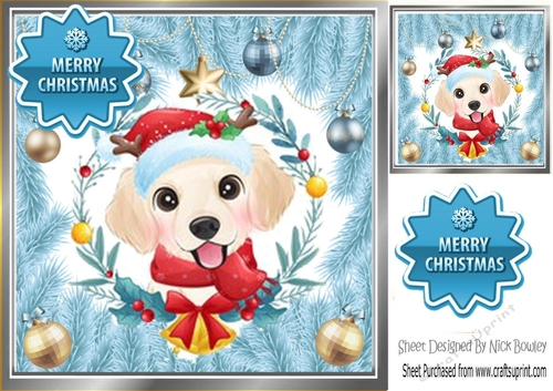 Cute dog in blue festive frame with baubles 8x8 (four)