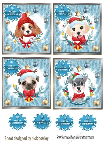 4 Cute christmas dogs in blue festive frame toppers