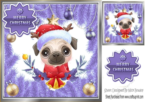 Cute pug in lilac festive frame with baubles 8x8 (one)