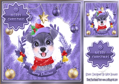 Cute dog in lilac festive frame with baubles 8x8 (two)