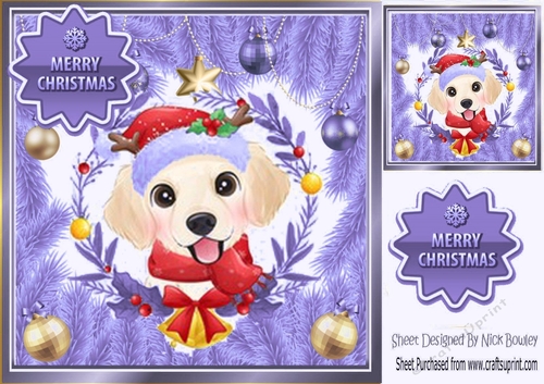 Cute dog in lilac festive frame with christmas baubles 8x8 (three)