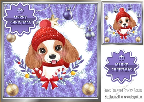 Cute dog in lilac festive frame with baubles 8x8 (four)