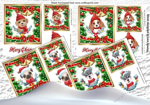  4 Cute dogs in festive frames in  hats 7x7 card fronts mini kit