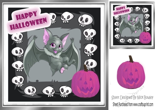 Skull frame 8x8 with pumpkin and bat (pink)