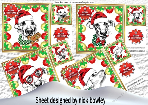 4 Lovely Dogs in santa hats in bauble frames card fronts 8x8 mini kit