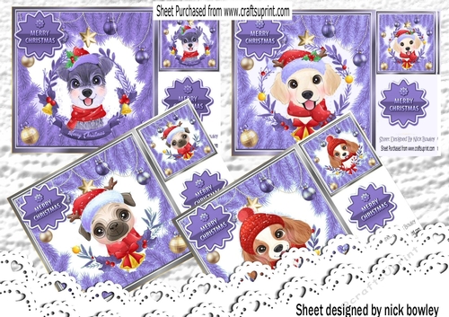  4 Cute dogs in lilac festive frames card fronts with baubles 8x8 mini kit