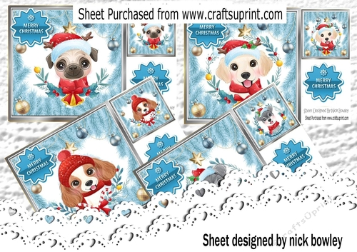 4 Cute dogs in blue festive frames card fronts with baubles 8x8 mini kit