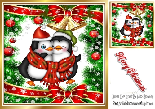 Cute penguins in green festive 8x8 frame with baubles