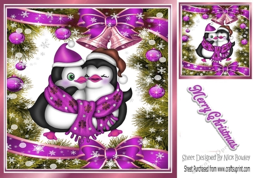 Cute penguins in lilac festive 8x8 frame with baubles