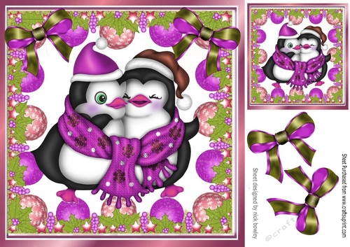 lovely penguins in bauble festive purple frame 8x8