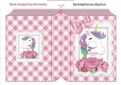 Pretty unicorn with bow on lace pink gingham folded book