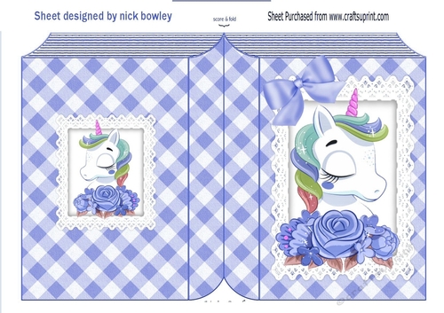 Pretty unicorn with bow on lace blue gingham folded book