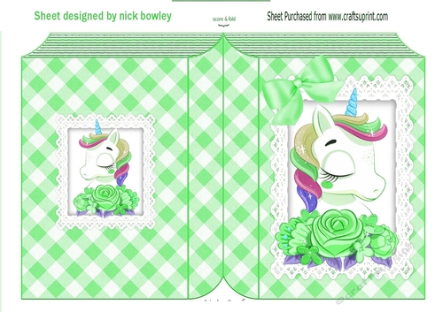 Pretty unicorn with bow on lace green gingham folded book