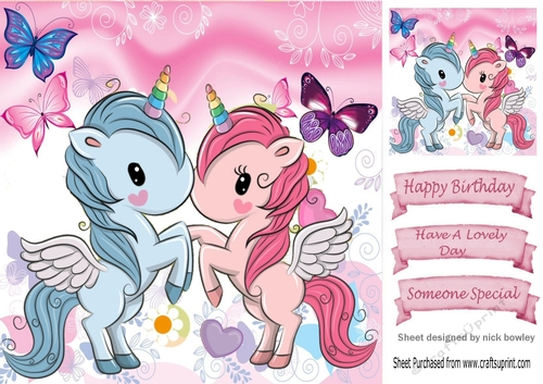 Lovely pair of unicorns with butterflies 8x8 (pink)