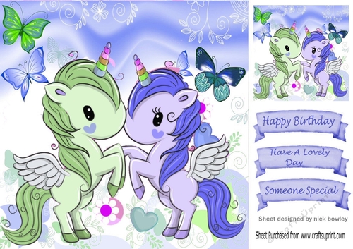 Lovely pair of unicorns with butterflies 8x8 ( blue)
