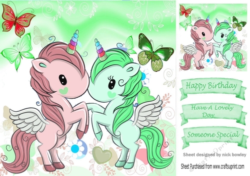 Lovely pair of unicorns with butterflies 8x8 (green)