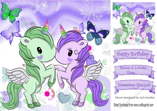 Lovely pair of unicorns with butterflies 8x8 ( purple)