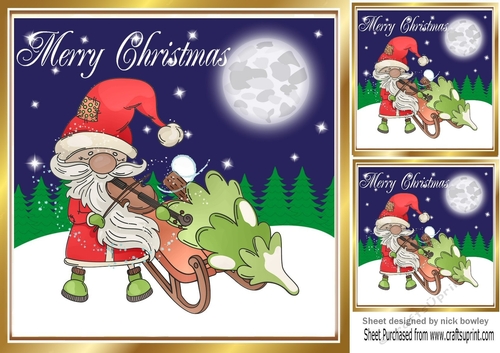 Jolly Santa playing a violin with sleigh 8x8