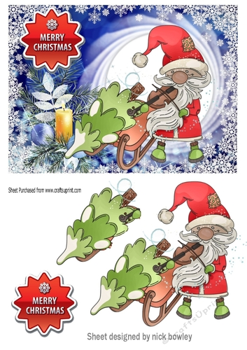 Jolly Santa playing a violin with sleigh with baubles A5