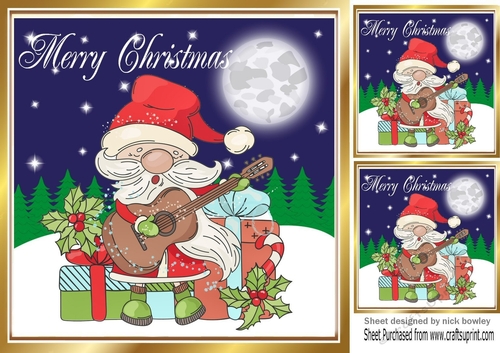 Jolly Santa playing a guitar with presents 8x8