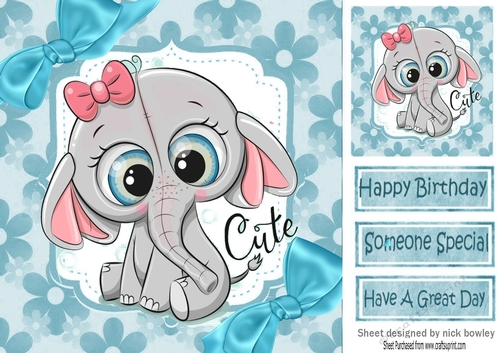 Cute elephant in turq floral frame with bows 8x8