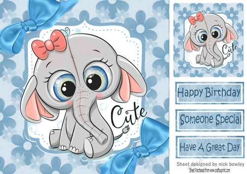 Cute elephant in blue floral frame with bows 8x8