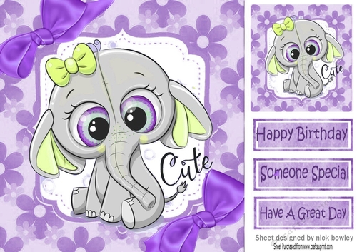 Cute elephant in purple floral frame with bows 8x8