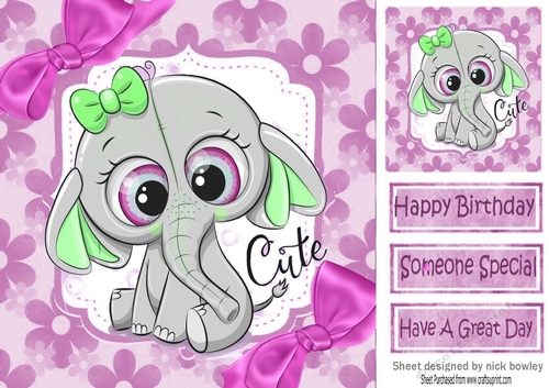 Cute elephant in pink floral frame with bows 8x8