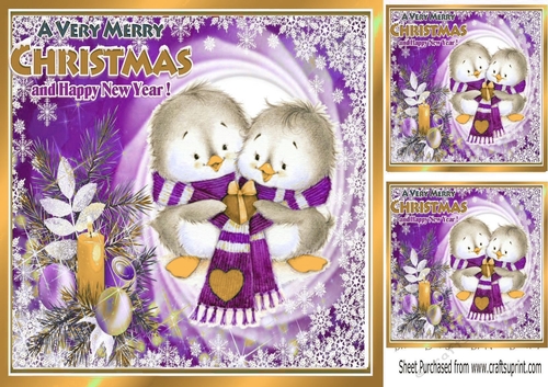 Cute pair of little birds  in winter scarf in purple festive frame 8x8