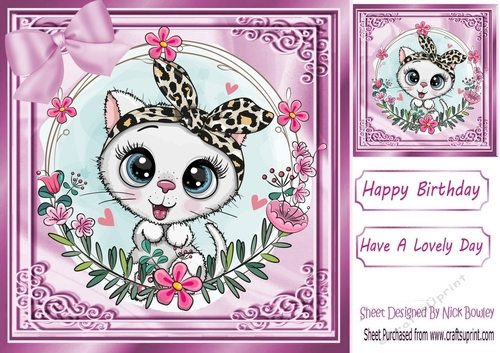 Lovely white kitten with flowers and pink bow 8x8