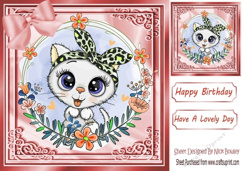 Lovely white kitten with flowers and peach bow 8x8