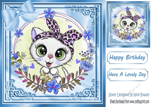 Lovely white kitten with flowers and blue bow 8x8