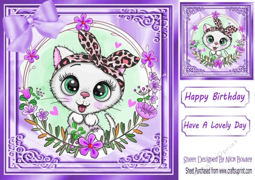 Lovely white kitten with flowers and purple bow 8x8