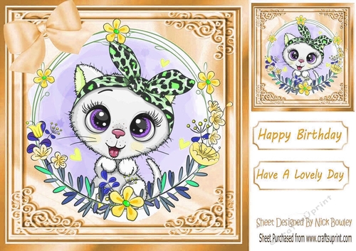 Lovely white kitten with flowers and gold bow 8x8