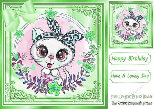 Lovely white kitten with flowers and green bow 8x8