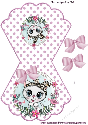 White kitten with pink bow on polkadot rocker card