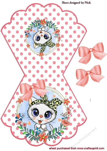 White kitten with peach bow on polkadot rocker card