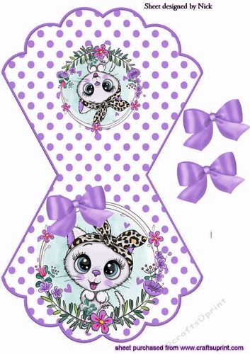 White kitten with purple bow on polkadot rocker card