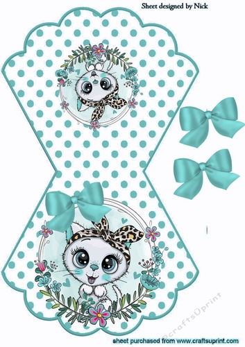 White kitten with turq bow on polkadot rocker card